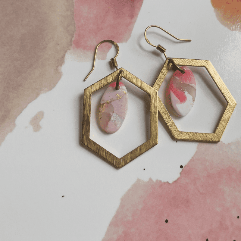 Pink and Gold Hexagon Brass Statement Earrings Handmade
