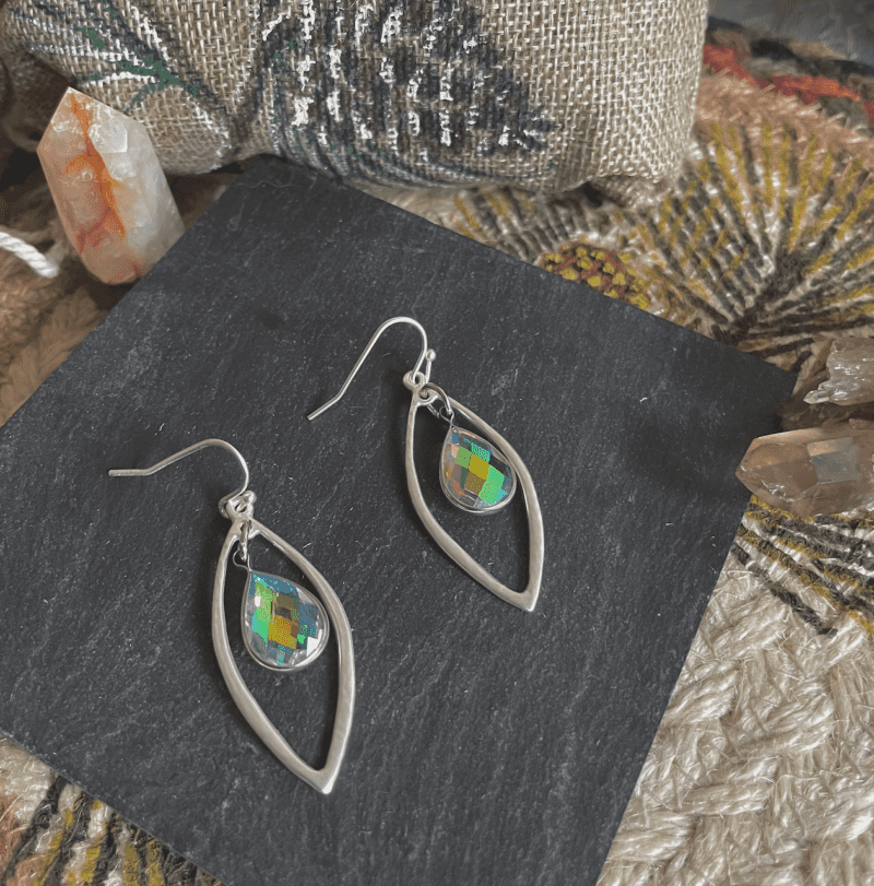 Silver Hammered Metal AB Crystal Earrings