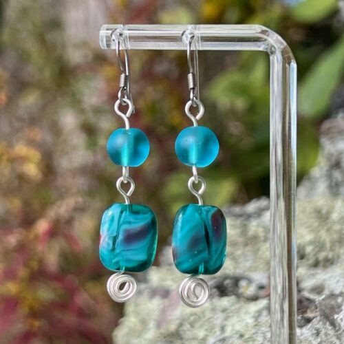 Aqua Frosted Sea Glass Handmade Earrings