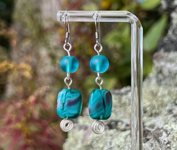 Aqua Frosted Sea Glass Handmade Earrings