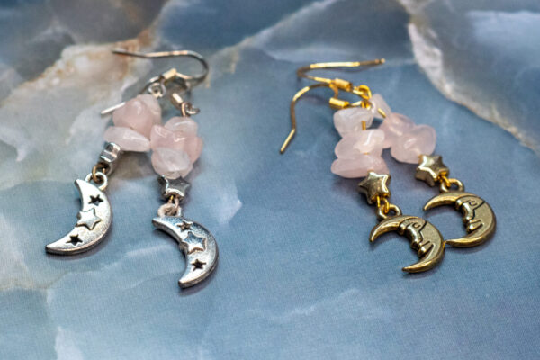 Rose Quartz Chip Moon Handmade Earrings