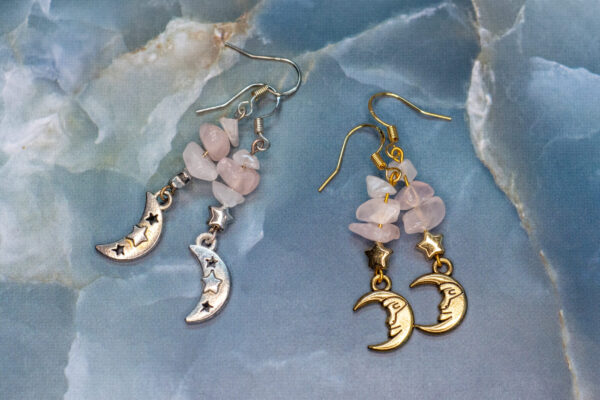 Rose Quartz Chip Moon Handmade Earrings