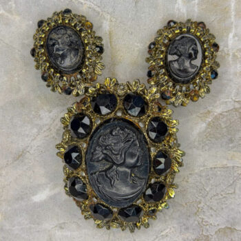 Vintage 1950s-Style Black Mourning Cameo Brooch & Earring Set