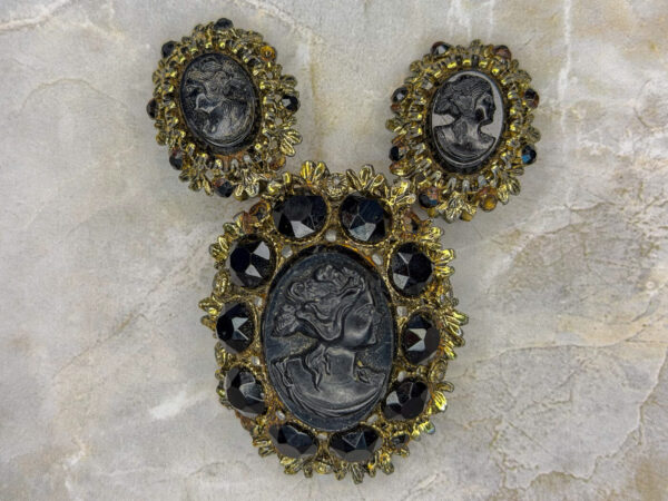 Vintage 1950s-Style Black Mourning Cameo Brooch & Earring Set